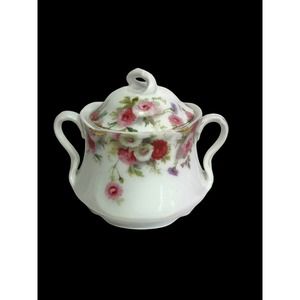 Antique Bavaria Jaeger & C Louise Hand-painted Sugar Bowl w/Lid & Double Handles